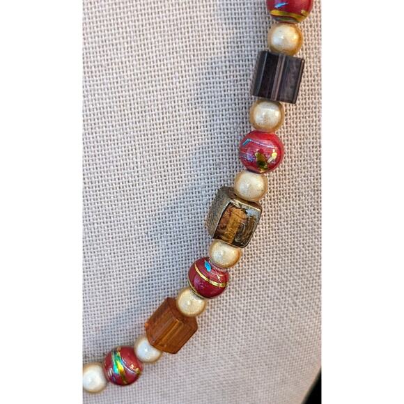 Vintage Metallic Drawbench, Square Lampwork, Art Glass 925 Clasp Bead Necklace - Picture 5 of 12